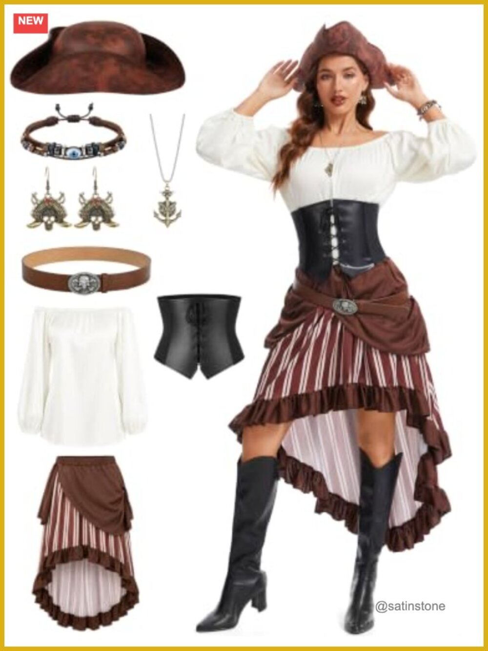 Women Pirate Costume 8 PCS Medieval Outfit Halloween Cosplay Polyester